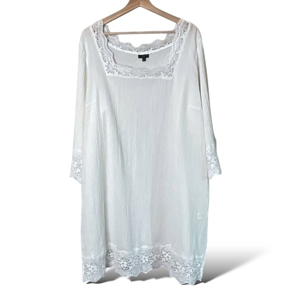 TALBOTS 100% Cotton Lace Trimmed Mini Dress / Beach Coverup 3/4 Sleeves US Sz 2X - Picture 3 of 9